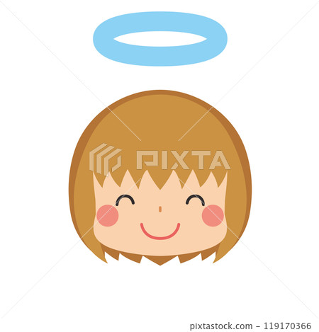 一個可愛的小女孩的表情符號插圖，帶有天使戒指和微笑圖標面部表情白色背景向量 119170366