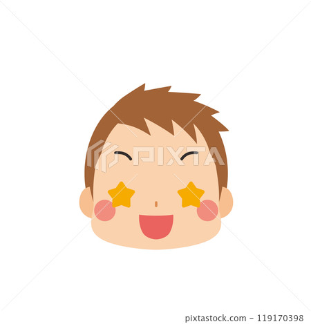 一個可愛的小男孩的表情符號插圖，帶有星眼圖標面部表情白色背景向量 119170398