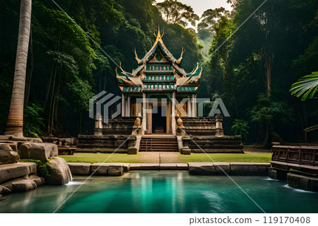 Ancient Ta Promh temple in the jungle, background AI generated illustration. 119170408