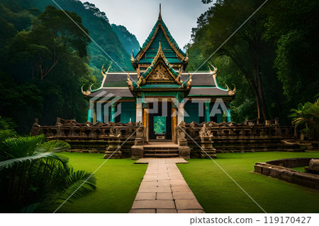 Ancient Ta Promh temple in the jungle, background AI generated illustration. 119170427