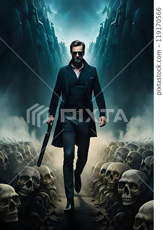 A man walking in the fog with a skull in the background. A man walking in the fog with a skull in the background. 119170566