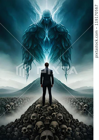 A man walking in the fog with a skull in the background. A man walking in the fog with a skull in the background. 119170567