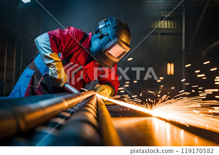 Male in face mask welds with argon arc welding. Male in face mask welds with argon arc welding. 119170582
