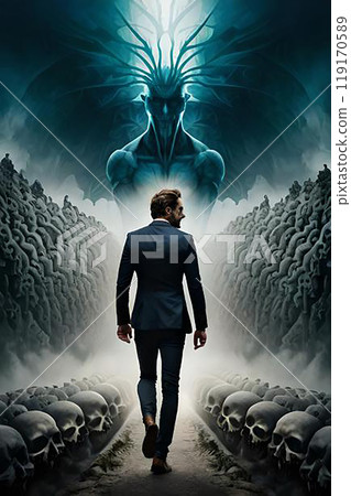 A man walking in the fog with a skull in the background. 119170589