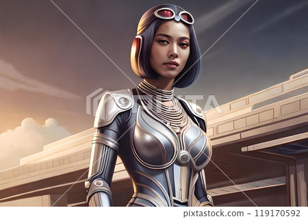 A painting of a woman with a blue mask and horns. 119170592