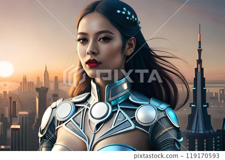 A painting of a woman with a blue mask and horns. 119170593