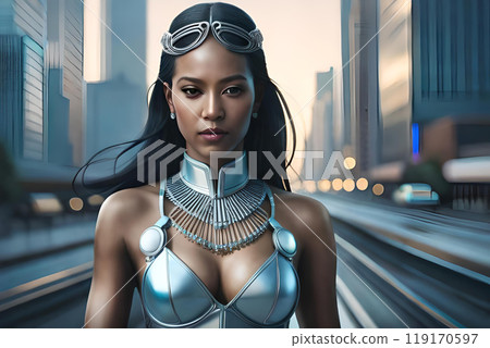 A painting of a woman with a blue mask and horns. 119170597