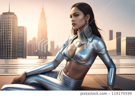 A painting of a woman with a blue mask and horns. A painting of a woman with a blue mask and horns. 119170599