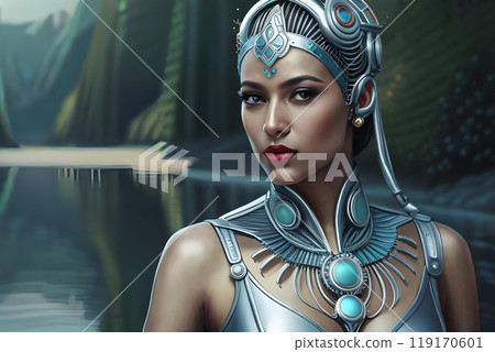 A painting of a woman with a blue mask and horns. A painting of a woman with a blue mask and horns. 119170601