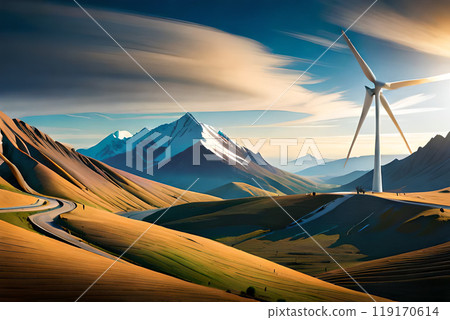 ReneGreen energy concept. wable energy wind turbines on the mountain 119170614