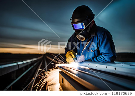 Male in face mask welds with argon arc welding. 119170659