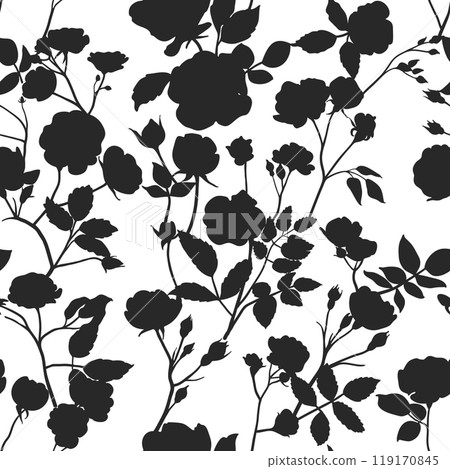 Monochrome seamless pattern with silhouettes of garden roses Monochrome seamless pattern with silhouettes of garden roses 119170845