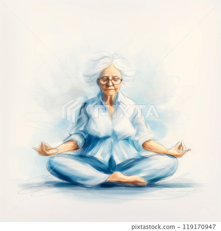 An elderly woman, deep in thought, is meditating in a lotus position 119170947