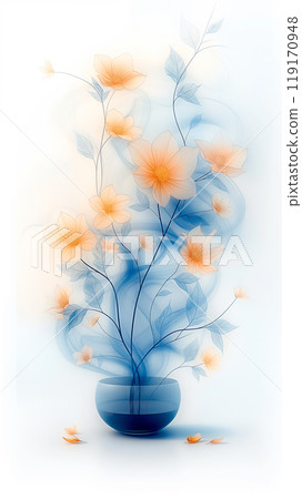A blue vase with orange flowers on a white background 119170948