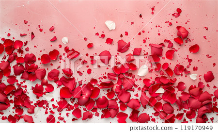 Beautiful red rose petals are gently falling onto a pink background Beautiful red rose petals are gently falling onto a pink background 119170949