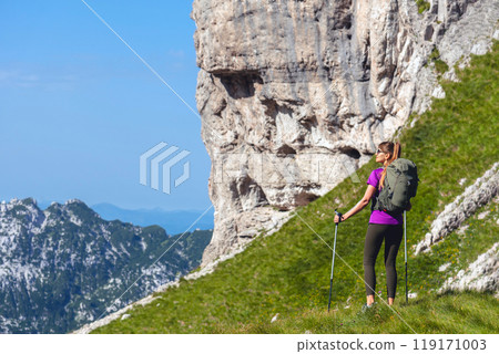 Woman Hiking in Mountains with Backpack and Trekking Poles 119171003