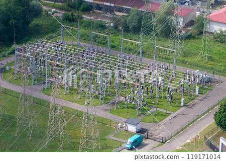 Power plant - transformation station. Multitude of cables and wires. Power plant - transformation station. Multitude of cables and wires. 119171014
