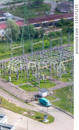 Power plant - transformation station. Multitude of cables and wires. Power plant - transformation station. Multitude of cables and wires. 119171235