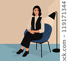 Beautiful business lady, psychologist, secretary sits in chair. 119171344