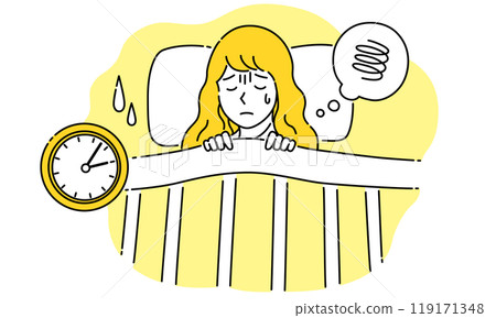 一位因失眠而無法入睡的年輕女性 — 簡單而流行的向量圖 一位因失眠而無法入睡的年輕女性 — 簡單而流行的向量圖 119171348