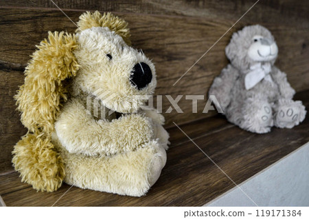 two cute hugging teddy bears, on an old wooden floor 119171384