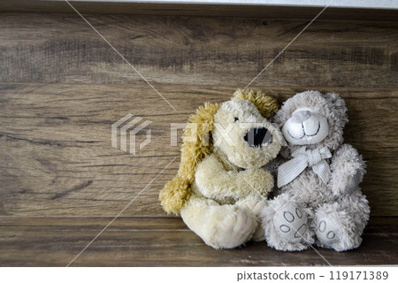 two cute hugging teddy bears, on an old wooden floor 119171389