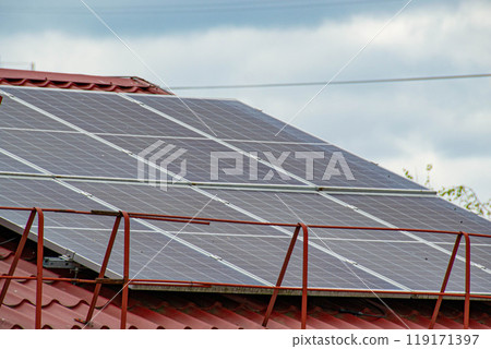 Photo collage of sunset and solar panel, photovoltaic Photo collage of sunset and solar panel, photovoltaic 119171397