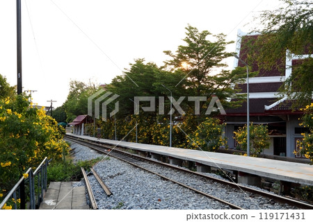 Retro train pavilion and rail way countryside in Thailand. 119171431
