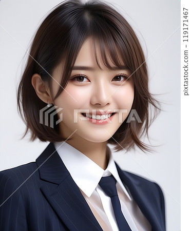 Smiling young beautiful woman in a business suit. Image of a new member of society. AI generated 119171467