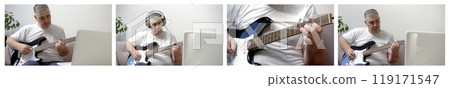 Man Learning to Play Guitar at Home: Multiple Photos Collection 119171547