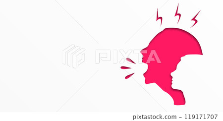 Angry girl screams. Frustrated woman with nervous problem. Anxiety, panic and confusion of thoughts. Mental disorder and chaos in consciousness. Vector illustration. Copy space with text. Flat lay. 119171707