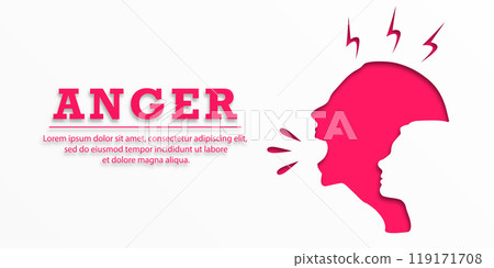 Angry girl screams. Lettering: ANGER. Frustrated woman with nervous problem. Anxiety, panic and confusion of thoughts. Mental disorder and chaos in consciousness. Vector illustration. Paper cut. Angry girl screams. Lettering: ANGER. Frustrated woman with nervous problem. Anxiety, panic and confusion of thoughts. Mental disorder and chaos in consciousness. Vector illustration. Paper cut. 119171708