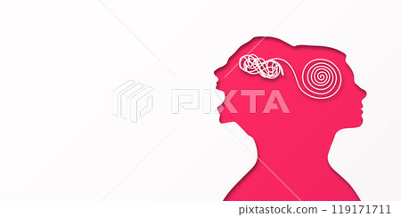 Bipolar disorder mind mental. Double silhouette of a woman's head. Metaphor split personality. Psychology of people. Concept mood disorder. Dual personality concept. Mental health. Tangle and Bipolar disorder mind mental. Double silhouette of a woman's head. Metaphor split personality. Psychology of people. Concept mood disorder. Dual personality concept. Mental health. Tangle and 119171711