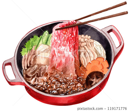 sukiyaki japanese food in hotpot with vegetable, hand-drawn watercolor  illustration 119171776