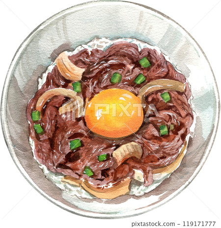 gyudon beef rice bowl with york eeg, hand-drawn watercolor illustration gyudon beef rice bowl with york eeg, hand-drawn watercolor illustration 119171777