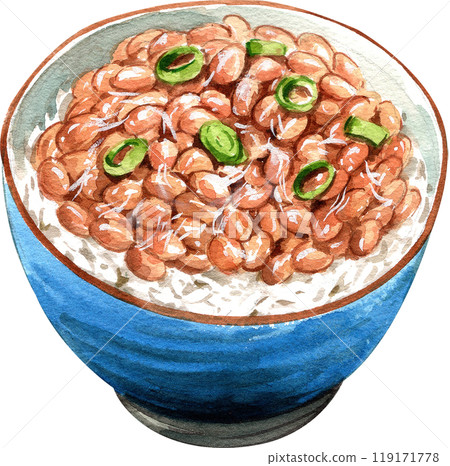 Rice topped with natto in a cup, japanese food, hand-drawn watercolor painting illustration Rice topped with natto in a cup, japanese food, hand-drawn watercolor painting illustration 119171778