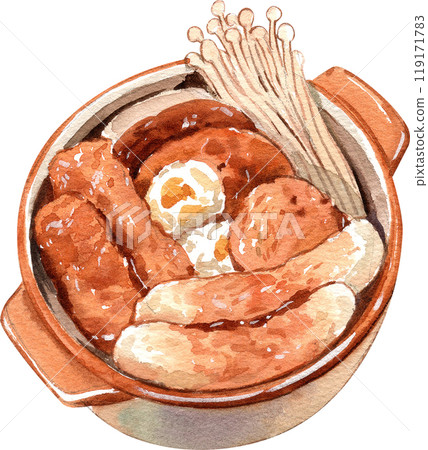 oden with mushroom in a hot pot  japanese fish cake stew, japanese food,  hand-drawn watercolor painting illustration 119171783
