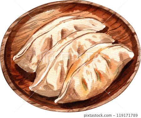 gyoza japanese fried dumplings on wooden tray, hand-drawn watercolor painting illustration 119171789