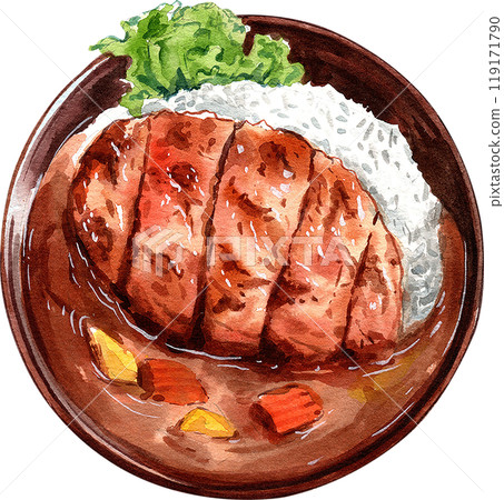 Pork Tonkatsu with japanese curry with rice have potato and carrot, hand-drawn watercolor painting illustration 119171790