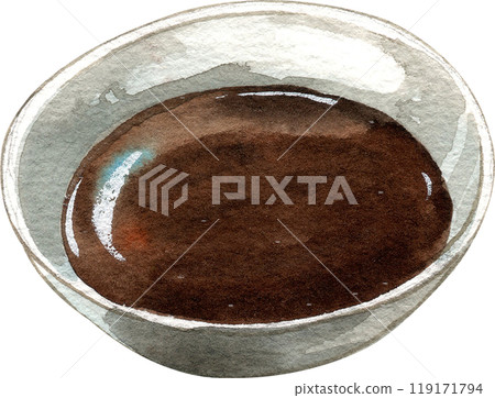 soba tsuyu, soy suace japanese in ceramic cup, hand-drawn watercolor painting illustration 119171794
