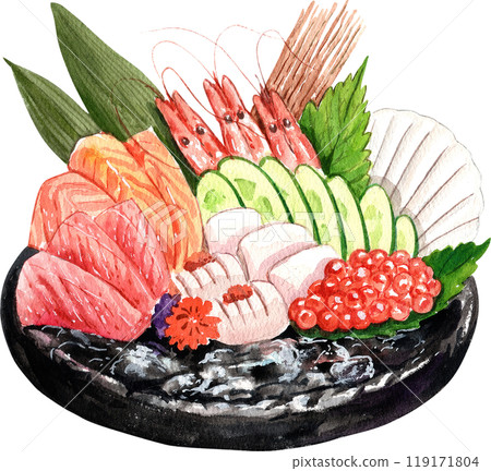 ocean sashimi, salmon, tuna, shrimp, engawa, japanese food, hand-drawn watercolor painting illustration ocean sashimi, salmon, tuna, shrimp, engawa, japanese food, hand-drawn watercolor painting illustration 119171804