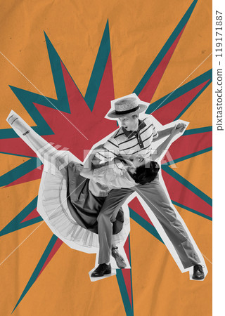 Stylish young couple, man and woman in motion, dancing on abstract colorful background with energy of retro swing dance. Contemporary art collage. 119171887