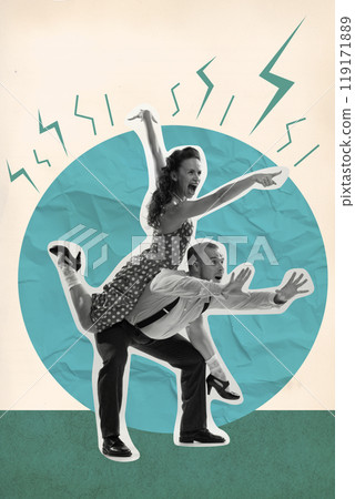 Dynamic Lindy Hop dance, stylish couple performing on abstract background. Energy from 30s-50s swing culture. Contemporary art collage. 119171889