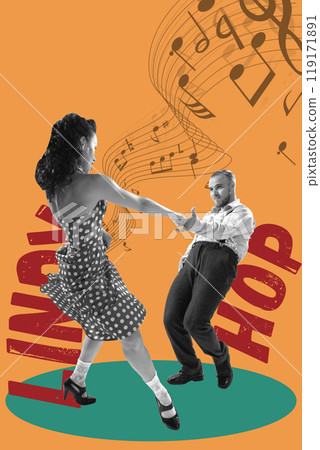 Dynamic couple, man and woman energetically dancing lindy hop on orange background with musical notes. Contemporary art collage. 119171891