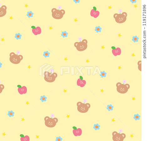 Cute pattern of teddy bear, flowers, apple on pastel yellow background for animal print, wallpaper, backdrop, gift wrap, packaging, zoo, souvenir shop, kid fabric, pet clothes, paper design, textiles 119171896