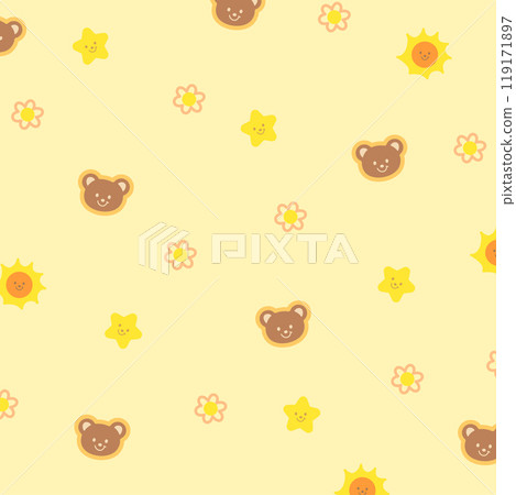 Cute pattern of teddy bear, flower, star, sun on pastel yellow background for animal print, wallpaper, backdrop, gift wrap, packaging, souvenir shop, summer fabric, pet clothes, paper design, card 119171897