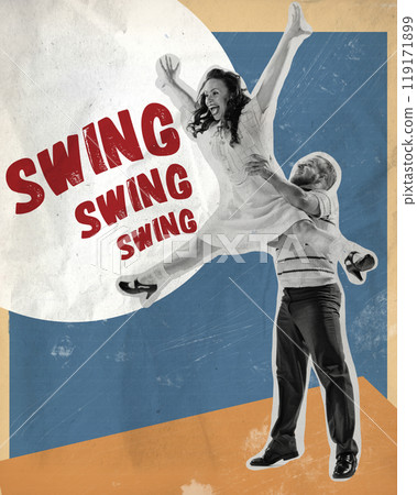 Dynamic image of energetic and emotional man and woman joyfully dancing swing on abstract colorful background. Contemporary art collage. 119171899
