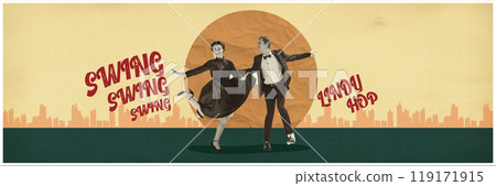 Graceful Lindy Hop dance with elegant man and woman in stylish costumes performing on light yellow background with city skyline. 1950s swing culture. Graceful Lindy Hop dance with elegant man and woman in stylish costumes performing on light yellow background with city skyline. 1950s swing culture. 119171915