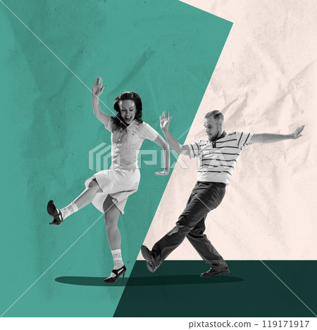 Classic Lindy Hop duo in full swing, energetically dancing, capturing essence of 1940s style on bright geometric background Classic Lindy Hop duo in full swing, energetically dancing, capturing essence of 1940s style on bright geometric background 119171917