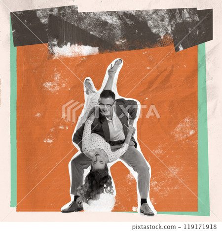 Lively dance of Lindy Hop. Young man and woman in retro clothes dancing in joy and energy on orange textured background Lively dance of Lindy Hop. Young man and woman in retro clothes dancing in joy and energy on orange textured background 119171918